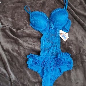 Blue lace lingerie one piece bra pushup bride